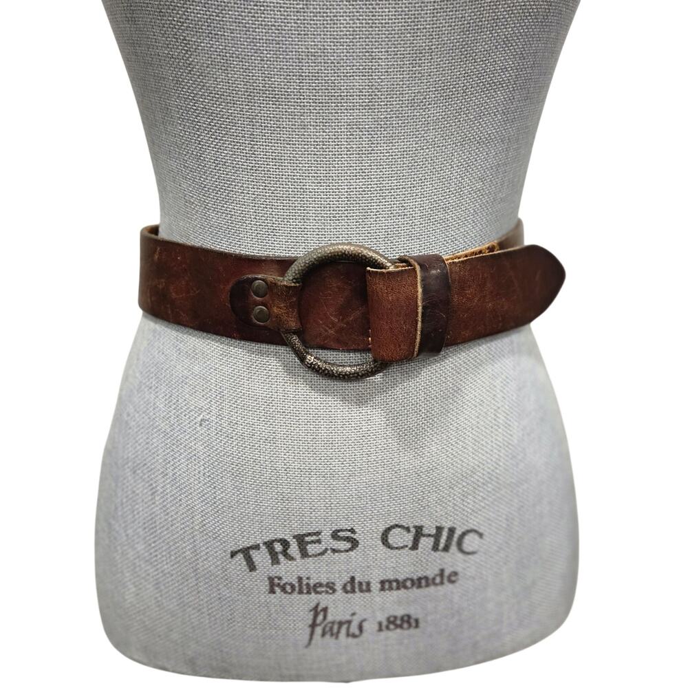VTG 70s Handcrafted Brown Leather O-Ring Belt Rustic Artsy Distressed Leather S - Picture 2 of 9